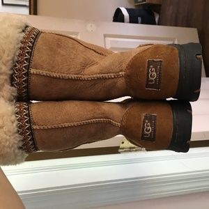 UGG Sheepskin Lined Leather Tie Embroidered Boots